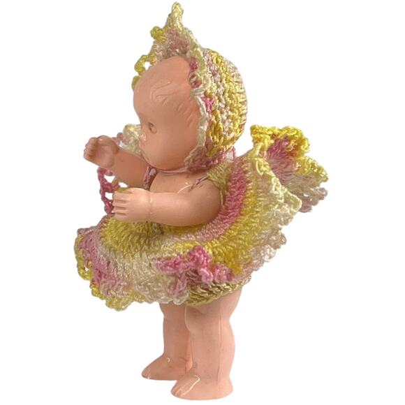 Vintage Miniature Celluloid Plastic DOLL 3" In Crochet Dress & Hat Pink Yellow - Picture 4 of 7